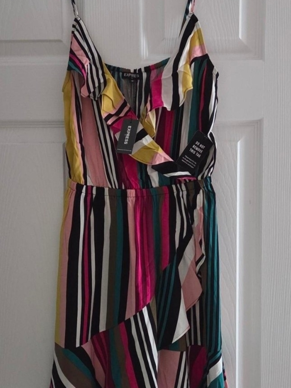 Express Striped Ruffle Wrap Midi Dress in Pink, Yellow, Teal, Black & White